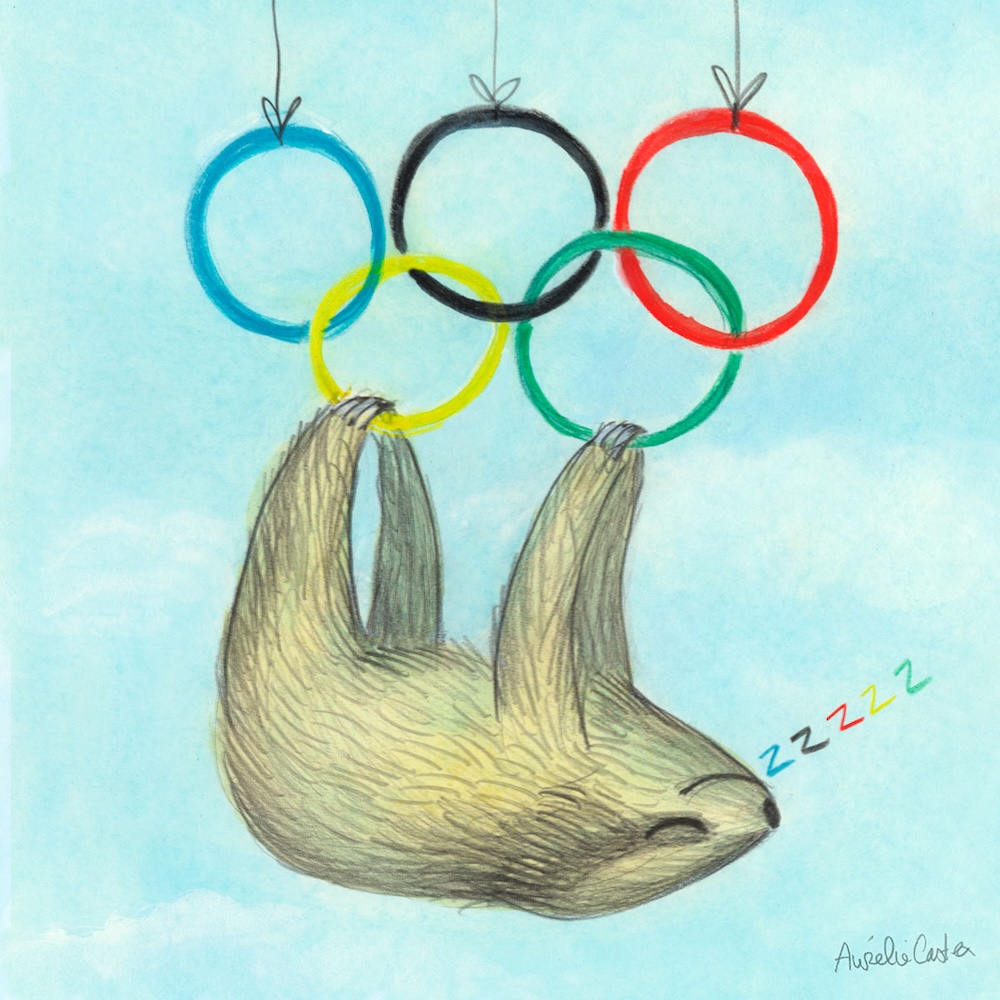 Illustration du Relais de la Flemme — un paresseux endormi suspendu aux anneaux olympiques